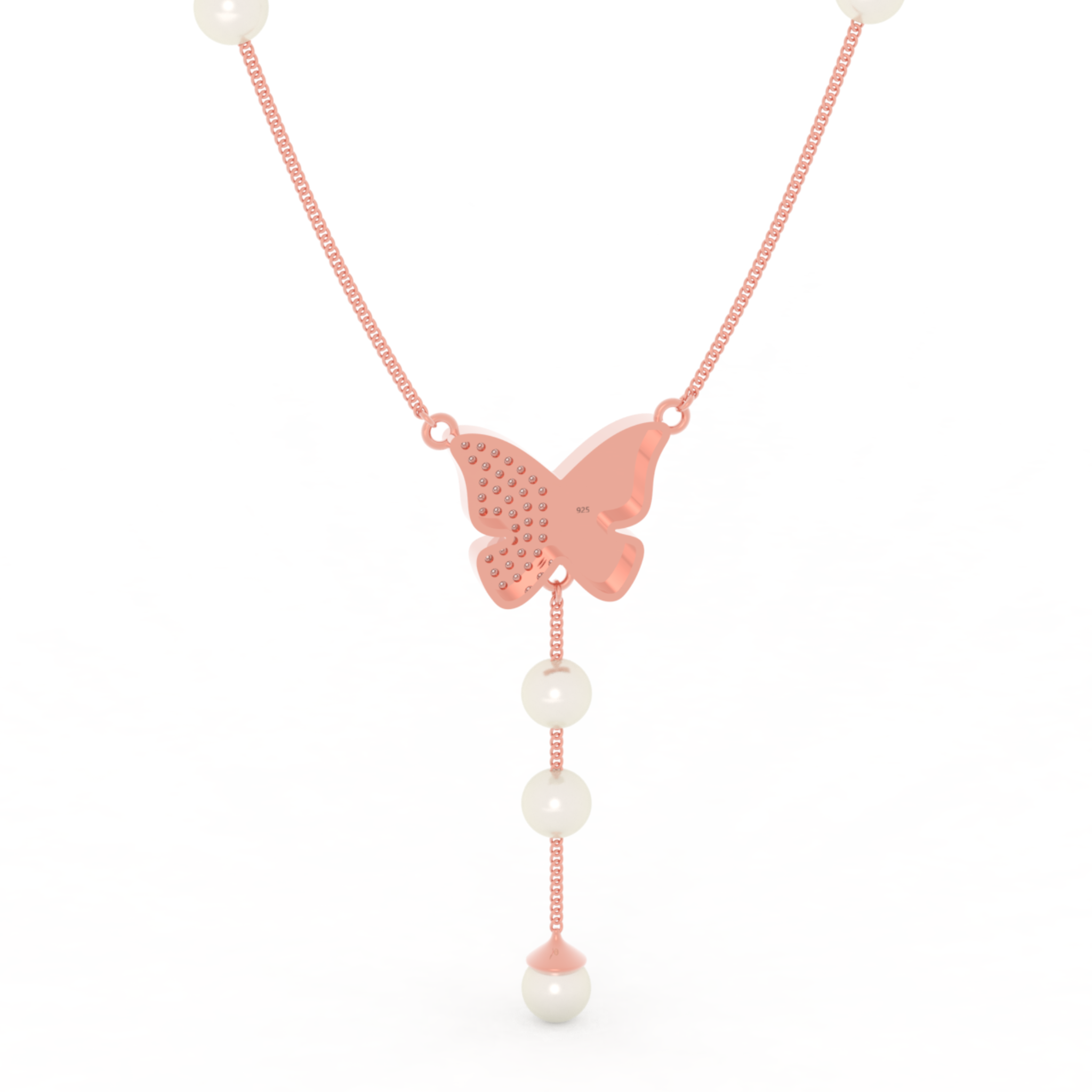 Adorable Butterfly Pearl Y Shape Necklace, Hallmarked 925 Sterling Silver